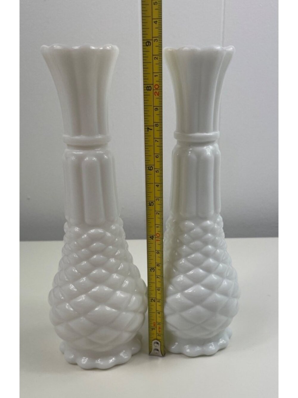 Vintage Anchor Hocking White Milk Glass Pineapple Bud Vase 9” Tall Set of 2 - Picture 8 of 10
